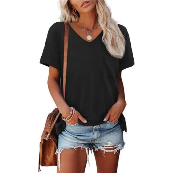 Womens T Shirts 2025 Short Sleeve V-Neck Shirts Cute Fit Summer Casual Tee Tops - Picture 1 of 7